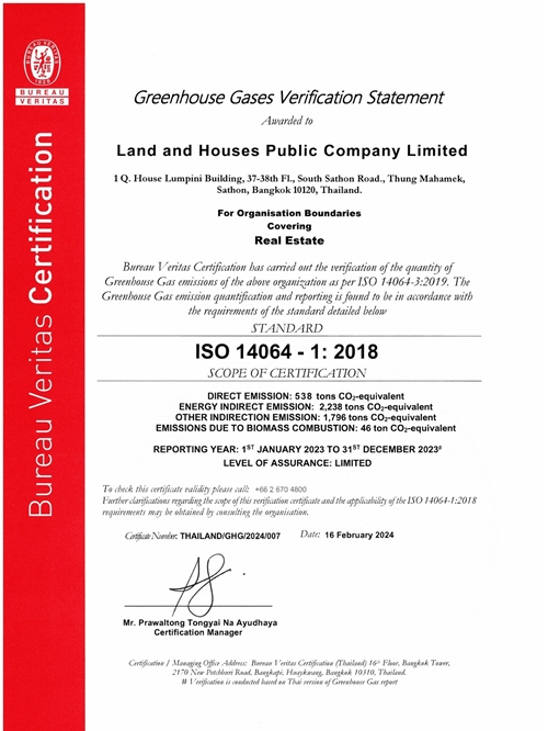 แลนด์ แอนด์ เฮ้าส์ ได้รับมอบประกาศนียบัตร